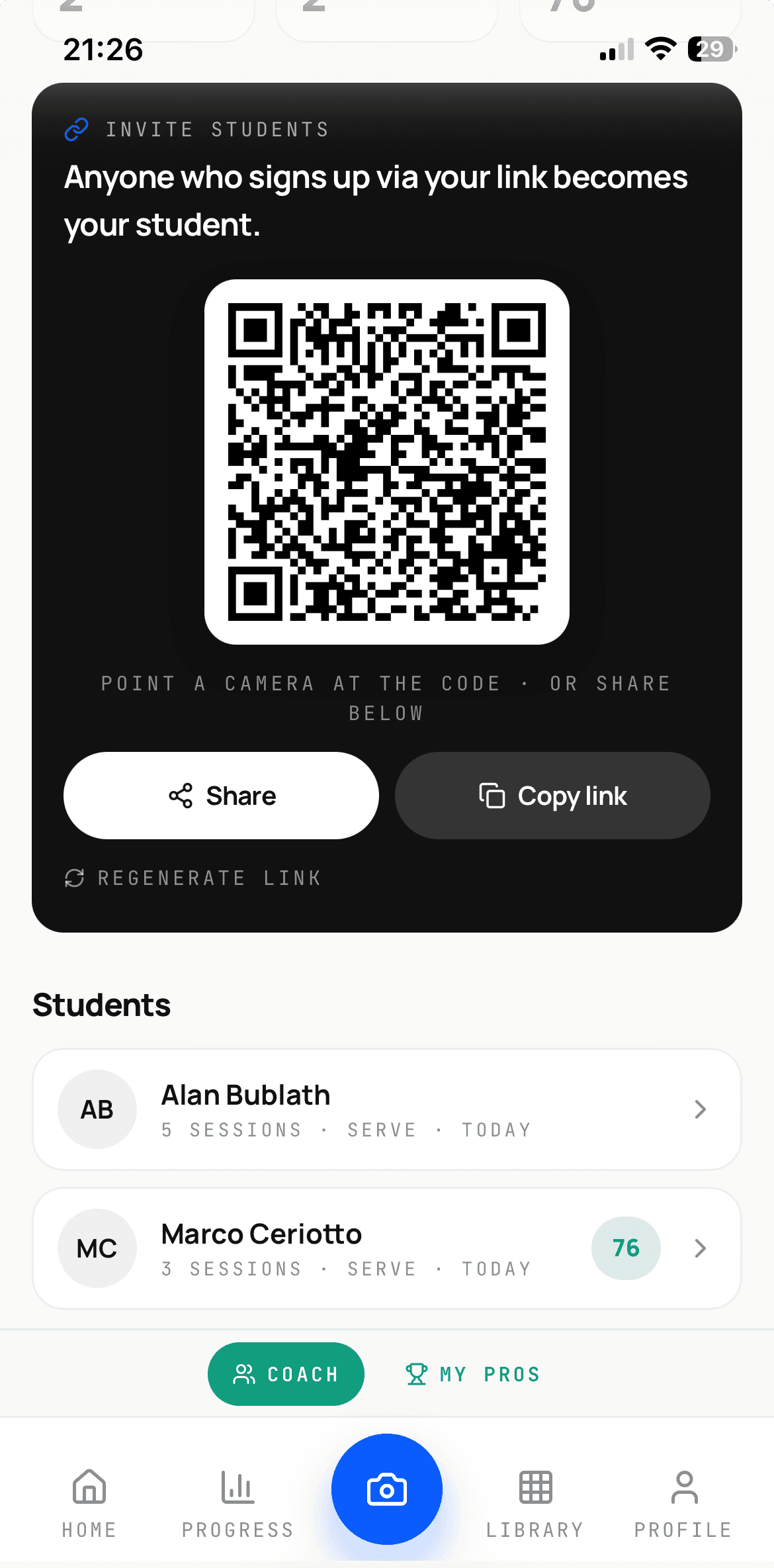Coach dashboard with magic-link invite